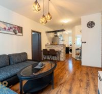 Living room in a 3-room apartment with a wooden decor floor, a sofa, and a kitchenette.