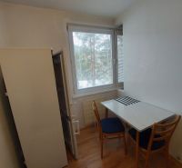 Dining area with a refrigerator and a table with two chairs in a studio apartment.