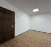 A room with a wooden decor floor and closed doors in an office.