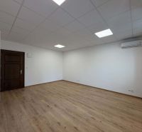 Spacious offices with wood-patterned flooring and white walls.