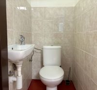 Toilet and sink in offices with tiled walls.