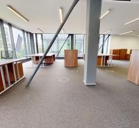 Offices with large windows and wooden decor furniture.
