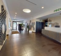 Reception with geometric decor on the walls and dark flooring in offices.