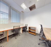 Offices with modern furniture and windows with blinds, floor with wood decor.