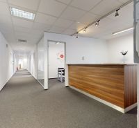 Offices with a reception, wooden decor flooring, and disinfectant on the walls.