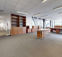 Spacious offices with wood-patterned flooring and modern lighting.
