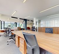 Offices with wooden decor flooring and glass walls.