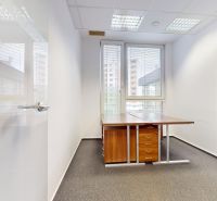 Offices with glass doors, a desk, and a view of the windows in the background.