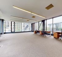 Spacious offices with carpeted floors and large windows provide plenty of natural light.