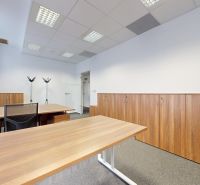 Offices with wooden decor furniture, equipped with desks and chairs, neutral colors.