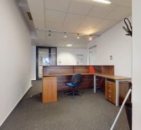 Offices with wooden decor, ergonomic chair, and numerous switches on the wall.