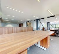 Spacious offices with open space and wooden decor flooring.