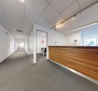 Reception with wooden decor, office spaces with carpet and glass.