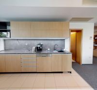 Offices with wood-patterned flooring and a modern kitchen unit.