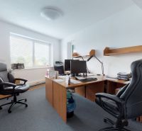 Offices with desks, leather chairs, and a large window, an ideal working environment.