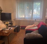 Living room in a family house with wooden floor decor, sofa, and television.