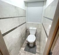 A bathroom with tile cladding and a wooden decor floor in a studio apartment.