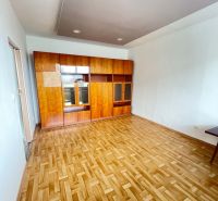A room with a large wardrobe and a floor with a wooden decor in a studio apartment.