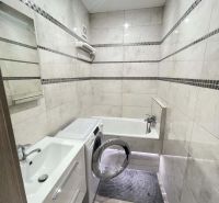 A bathroom in a studio apartment with a shower, a washing machine, and a wooden-patterned floor.