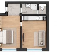 Floor plan of a one-bedroom apartment with a kitchen, living room, bathroom, and wooden decor flooring.