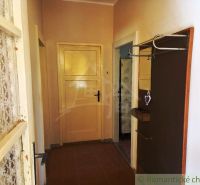 A hallway of a family house with a coat rack, a mirror, and doors in warm tones.