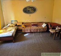 A room in a family house with a sofa, bed, and chairs in warm colors.
