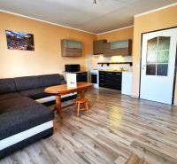 Studio apartment with a corner sofa and wood-patterned flooring, kitchenette, light-colored walls.