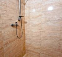 Shower corner with beige tiles in a studio apartment, subtle color scheme.