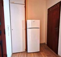 A refrigerator with a wooden floor decor and white cabinets in a studio apartment.