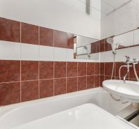 Bathroom in a 4-room apartment with a bathtub and a sink, dark tiles.
