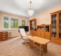 Living room in a 4-room apartment with wooden furniture and a coffee table.