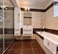 A bathroom in a 2-room apartment with a bathtub, a shower corner, and a floor with a wooden decor.