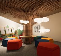Children's playroom with creative design and hanging lights. Apartment construction.