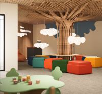 Colorful children's playground with a wooden tree and play blocks, apartment construction.