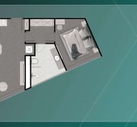 The floor plan of a 2-room apartment shows a kitchen, dining room, and a bedroom with a bathroom.