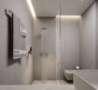 A minimalist bathroom in a 2-room apartment with an elegant bathtub and shower.