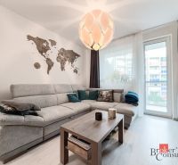 Living room with a gray sofa, map decoration, and wooden decor flooring in a 2-room apartment.