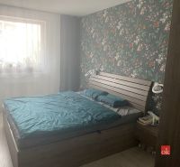 Bedroom in a two-room apartment with floral wallpaper and wooden decor flooring.