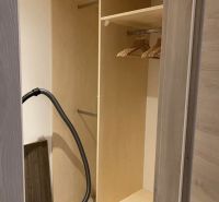 Built-in wardrobe in a 2-room apartment with hangers and a vacuum cleaner.