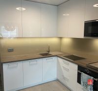White kitchen with wood decor and built-in appliances in a 2-room apartment.