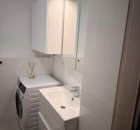 A bathroom with a washing machine and a sink in a 2-room apartment.