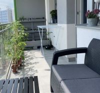 A balcony of a 2-room apartment with comfortable seating, a table, and plants.