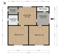 Floor plan of a family house: kitchen, two rooms, bathroom, pantry, and toilet.