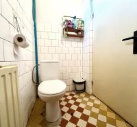 A bathroom with white tiles in a family house, a bin, and a radiator.