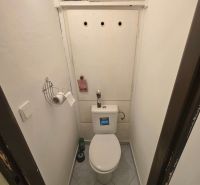 Bathroom with toilet and white walls in a 2-room apartment.