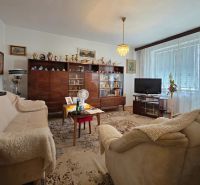 Living room of a 2-room apartment with retro furniture and a floral patterned carpet.