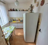 A kitchen in a 2-room apartment with a wooden decor floor and wall plates.