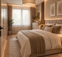 Cozy bedroom in a 2-room apartment with decor in natural tones and a wooden-patterned floor.