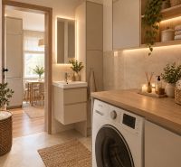 Bathroom in a 2-room apartment with a washing machine, wooden details, and plants for decoration.