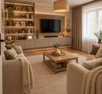 Living room in a two-room apartment with a wood-decor floor and cozy lighting.